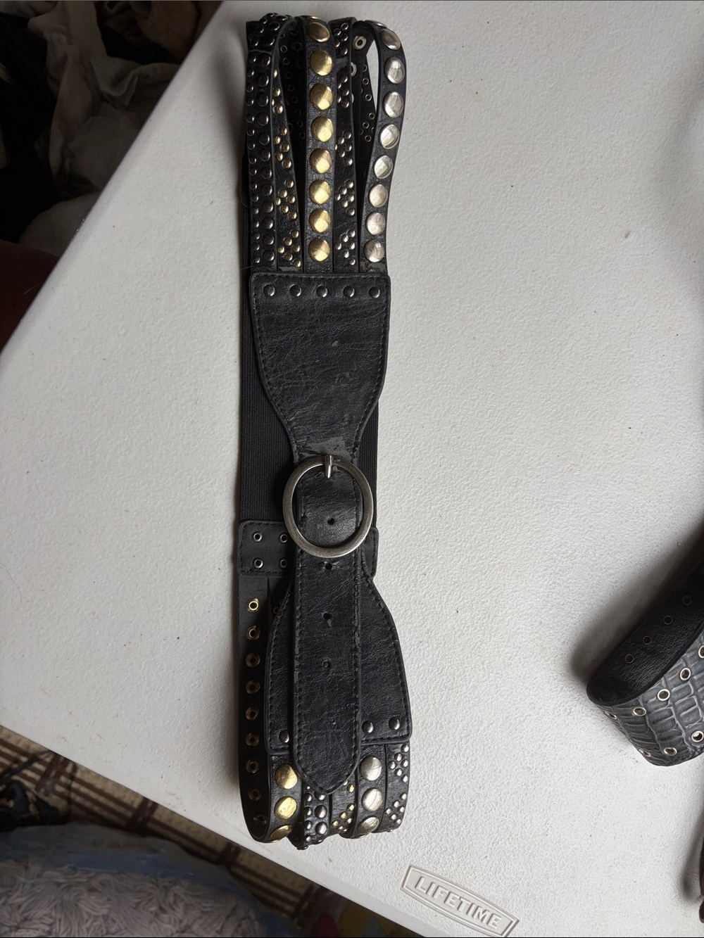 Nicole Lee Black Leather Studded Belt with Mixed Metal Accents